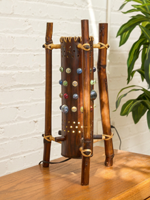 Vintage 1970s Bamboo & Rattan Sculptural Table Lamp with Glass Cabochons