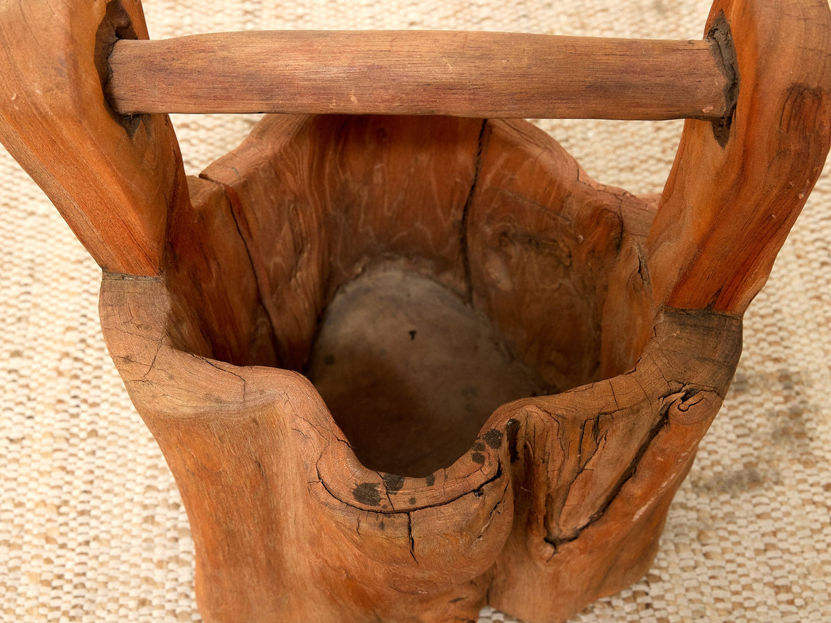 Vintage Rustic Hand-Carved Log Wood Bucket with Handle
