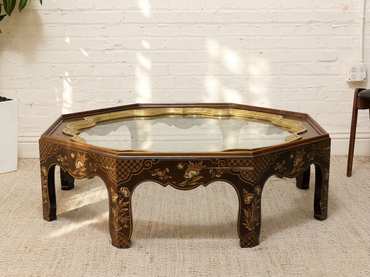 Vintage Chinoiserie Octagonal Glass Top Coffee Table
