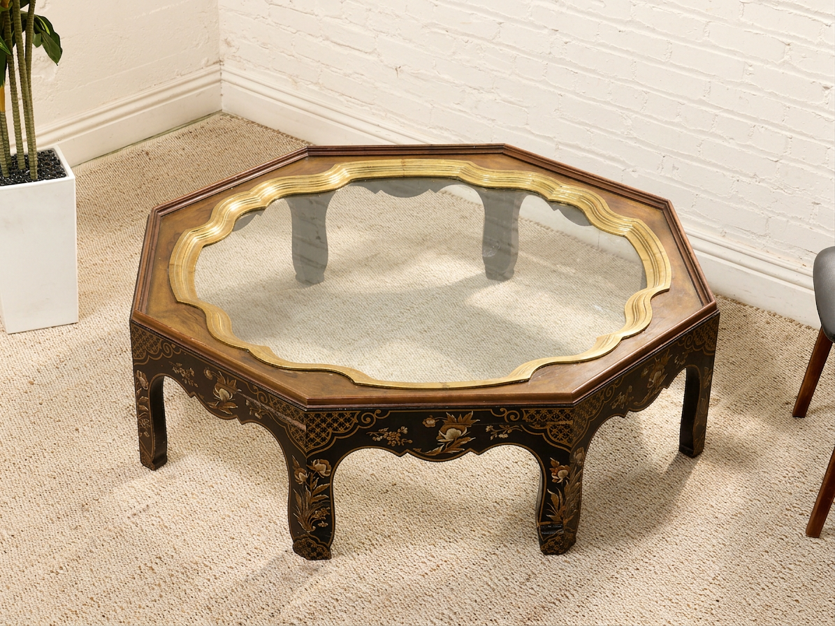 Vintage Chinoiserie Octagonal Glass Top Coffee Table