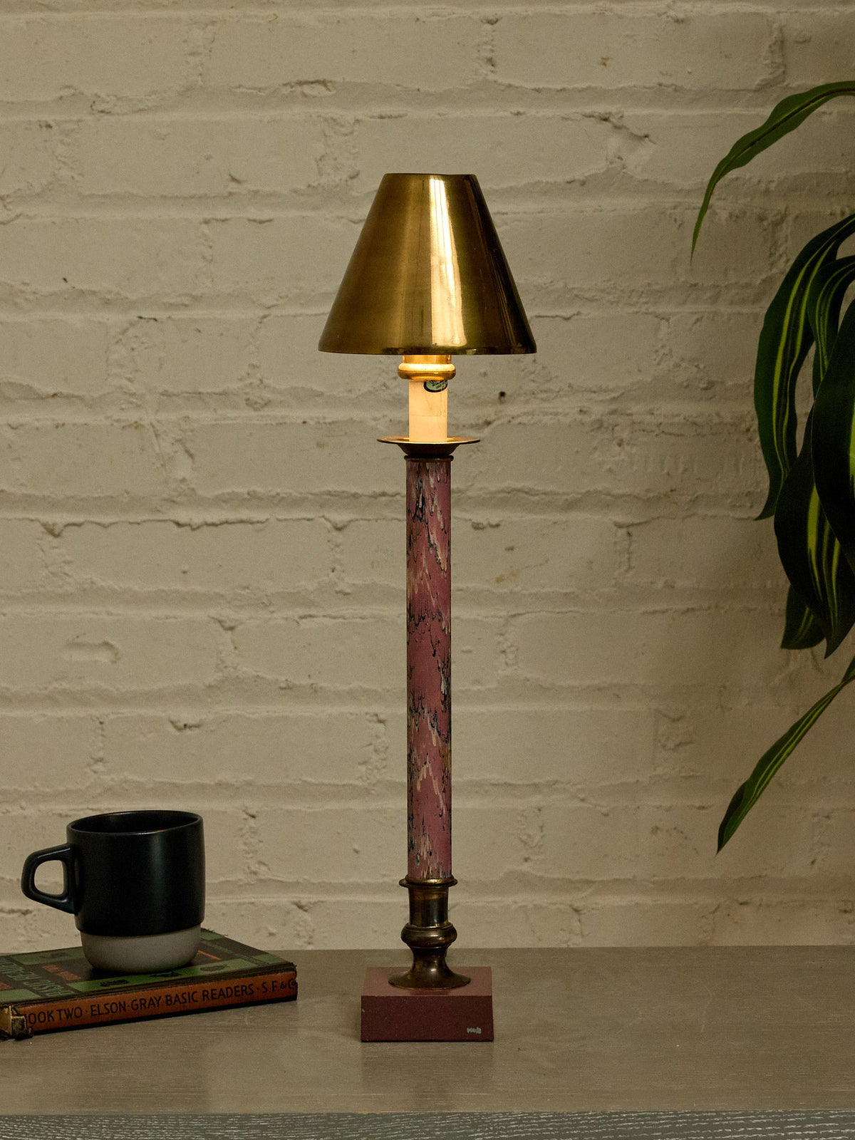 Vintage Postmodern Pink Marble & Brass Table Lamp
