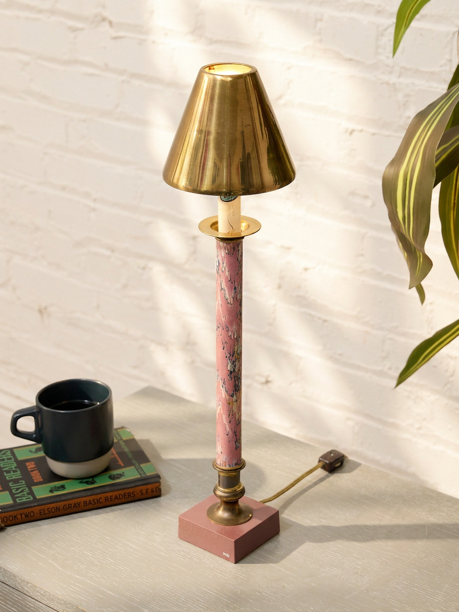 Vintage Postmodern Pink Marble & Brass Table Lamp