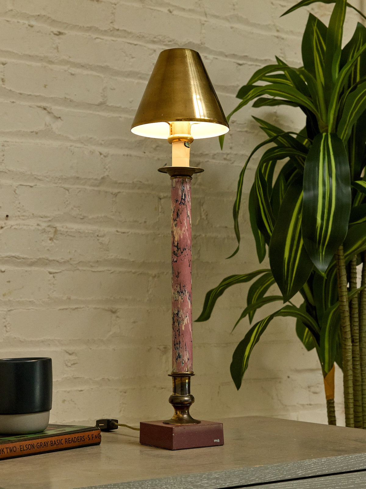 Vintage Postmodern Pink Marble & Brass Table Lamp