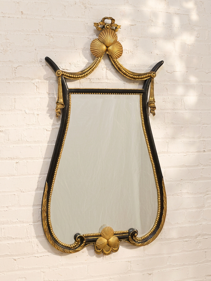 Vintage Hollywood Regency Black & Gold Gilt Wall Mirror