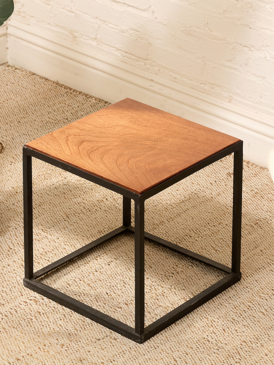 Modern Industrial Wood & Black Metal Cube Side Table