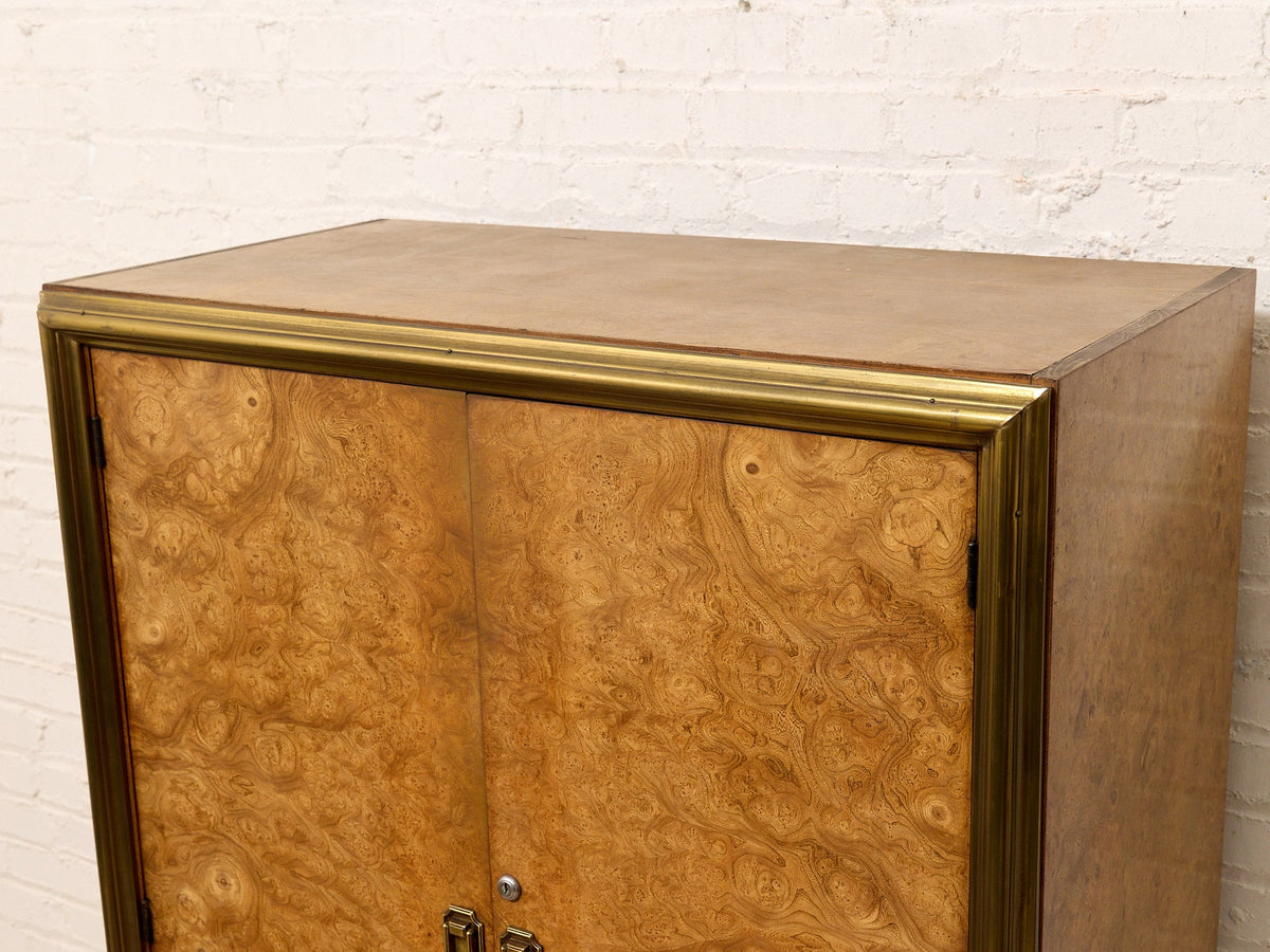 Vintage Mastercraft Burl Wood & Brass Tall Armoire