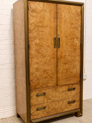 Vintage Mastercraft Burl Wood & Brass Tall Armoire