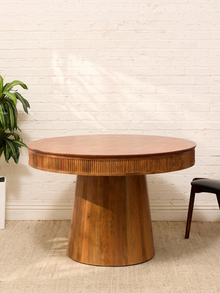 Round Burl Wood Pedestal Dining Table with Reeded Apron