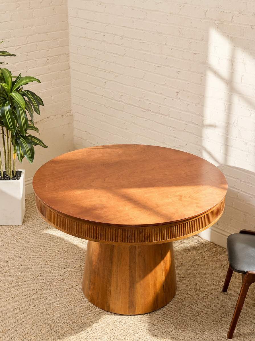 Round Burl Wood Pedestal Dining Table with Reeded Apron