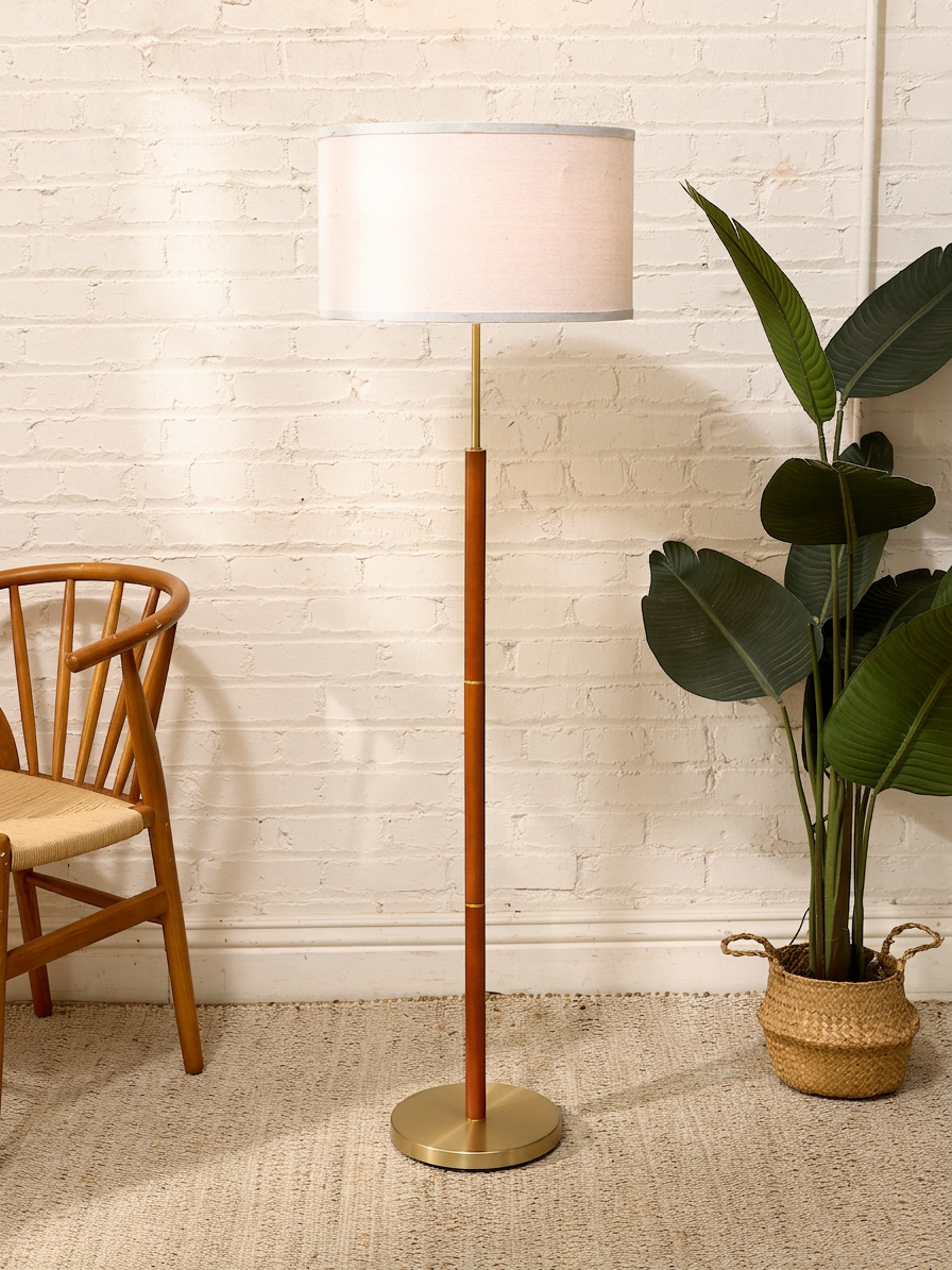 Vintage Mid-Century Modern Wood and Brass Floor Lamp