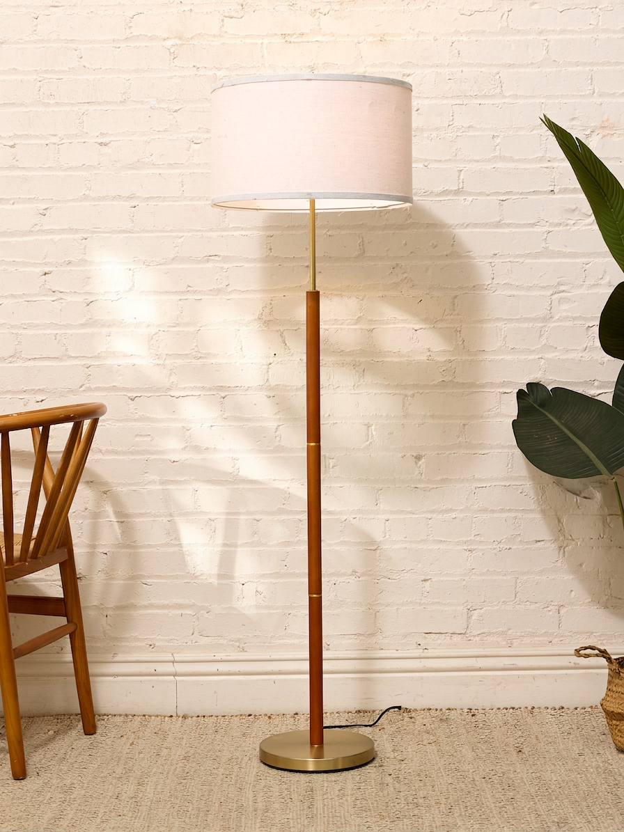 Vintage Mid-Century Modern Wood and Brass Floor Lamp