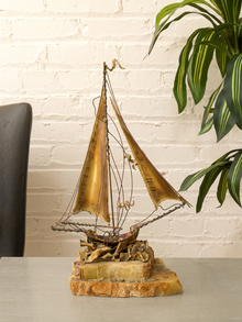 Brutalist Brass Sailing Ship Sculpture on Stone Base