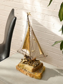 Brutalist Brass Sailing Ship Sculpture on Stone Base