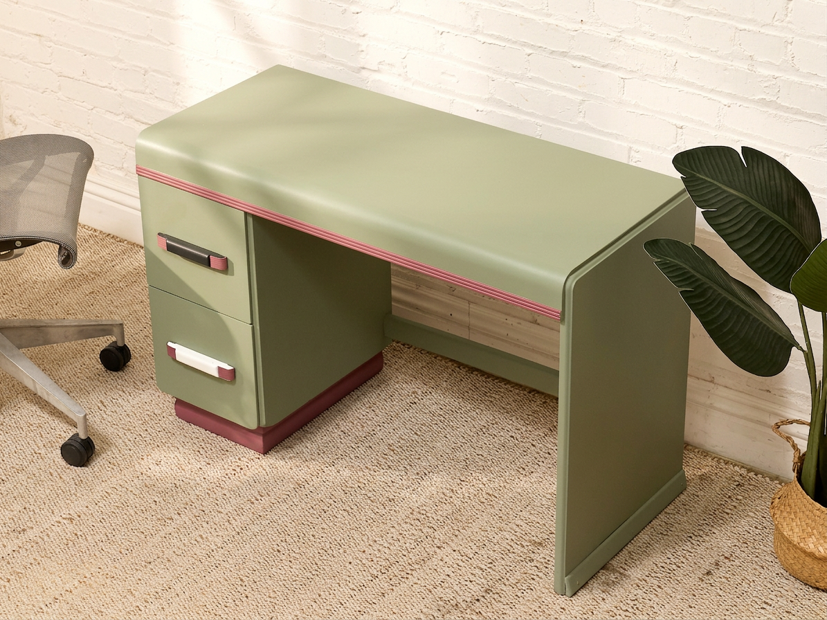Vintage Mint Green Writing Desk with Wood-Tone Details