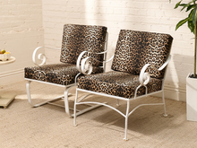 Vintage Leopard Print Lounge Chairs with White Scroll Arms