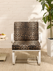Vintage Leopard Print Lounge Chairs with White Scroll Arms