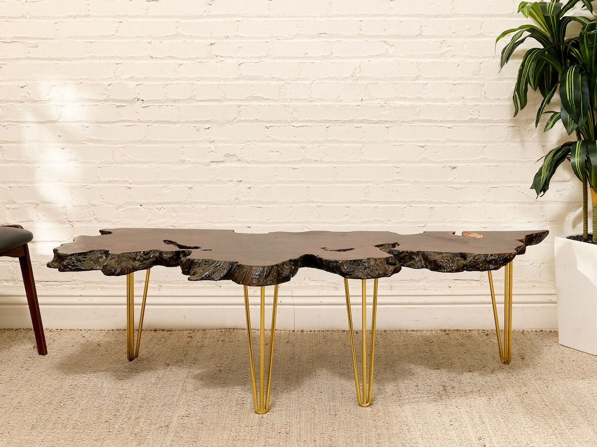 Vintage Live Edge Burl Wood Coffee Table with Brass Hairpin Legs