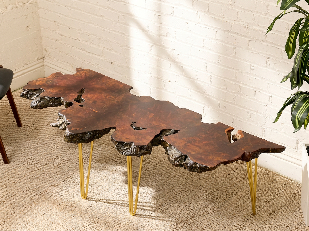 Vintage Live Edge Burl Wood Coffee Table with Brass Hairpin Legs