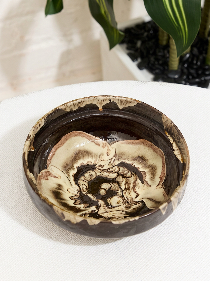 Vintage Brown & Cream Swirl Glazed Ceramic Bowl