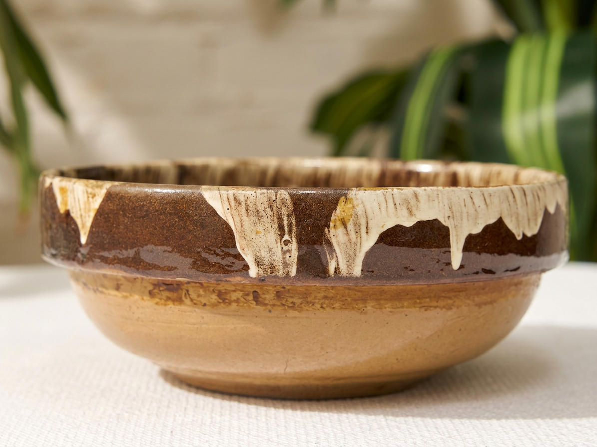 Vintage Brown & Cream Swirl Glazed Ceramic Bowl