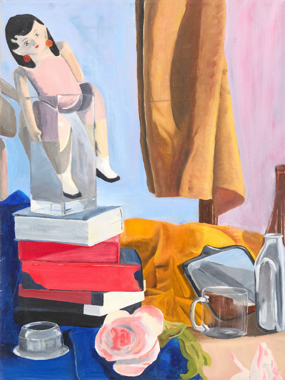 Contemporary Colorful Still Life Painting with Books & Rose