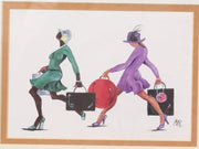 Vintage Framed Fashion Illustration of Two Women