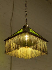 Vintage Arts & Crafts Green Glass Pyramid Pendant Lamp