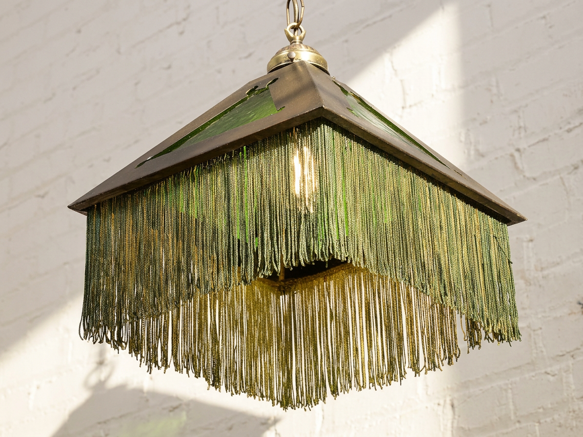 Vintage Arts & Crafts Green Glass Pyramid Pendant Lamp