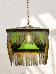 Vintage Arts & Crafts Green Glass Pyramid Pendant Lamp