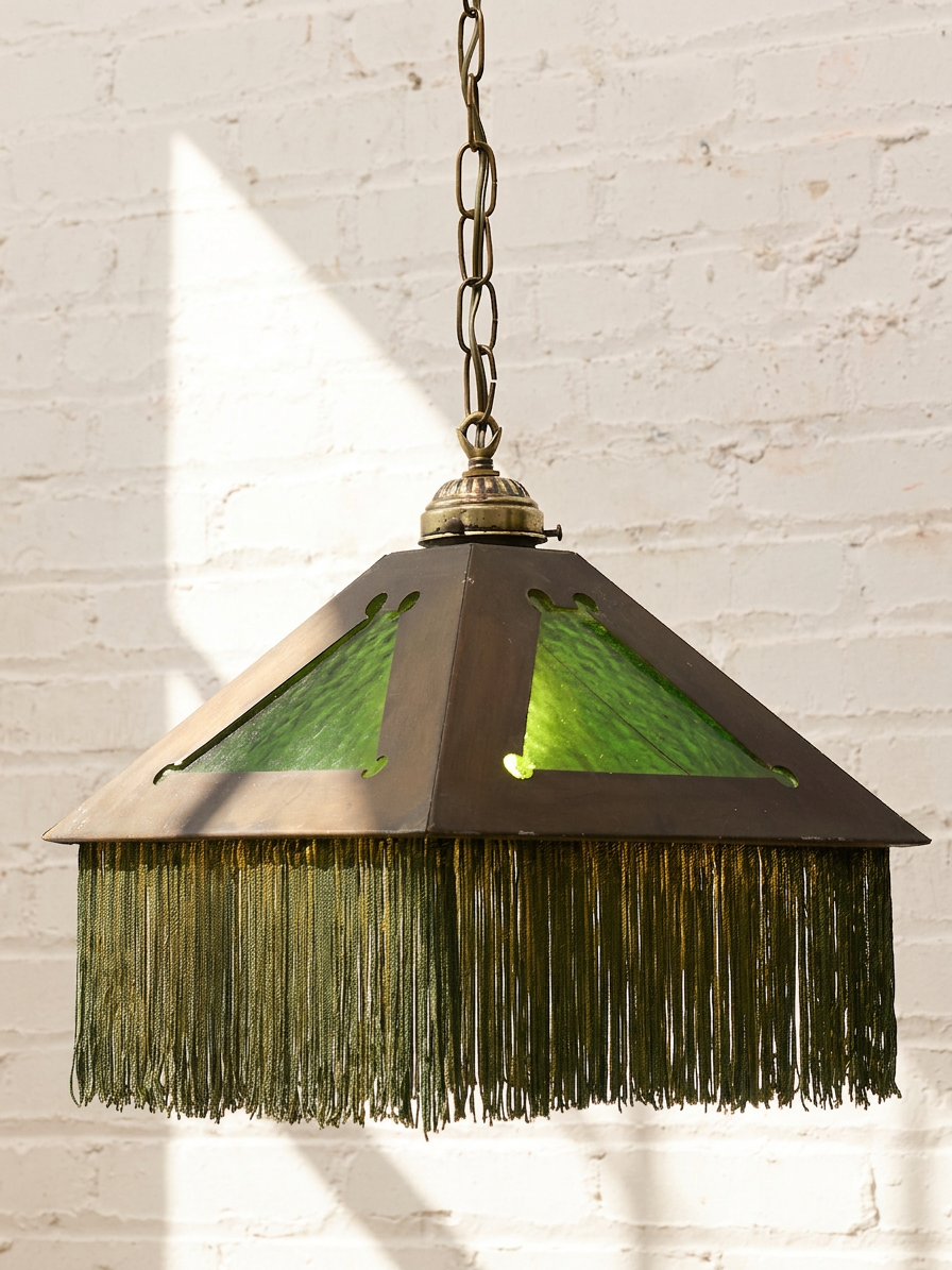 Vintage Arts & Crafts Green Glass Pyramid Pendant Lamp
