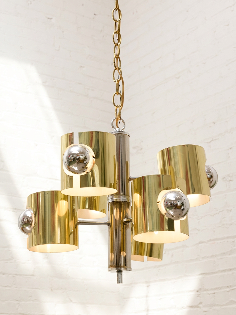 Vintage Brass & Chrome Multi-Light Space Age Chandelier