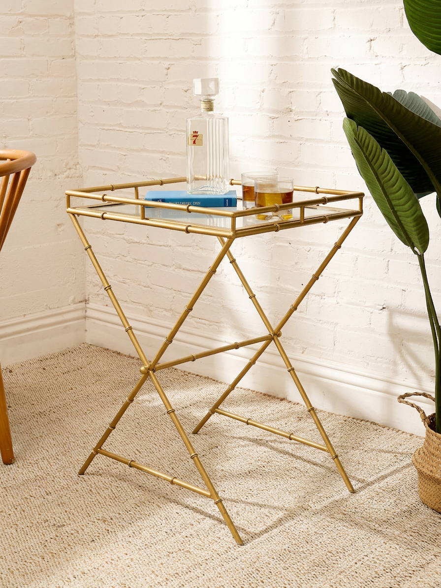Vintage Faux Bamboo Brass & Glass Tray Table