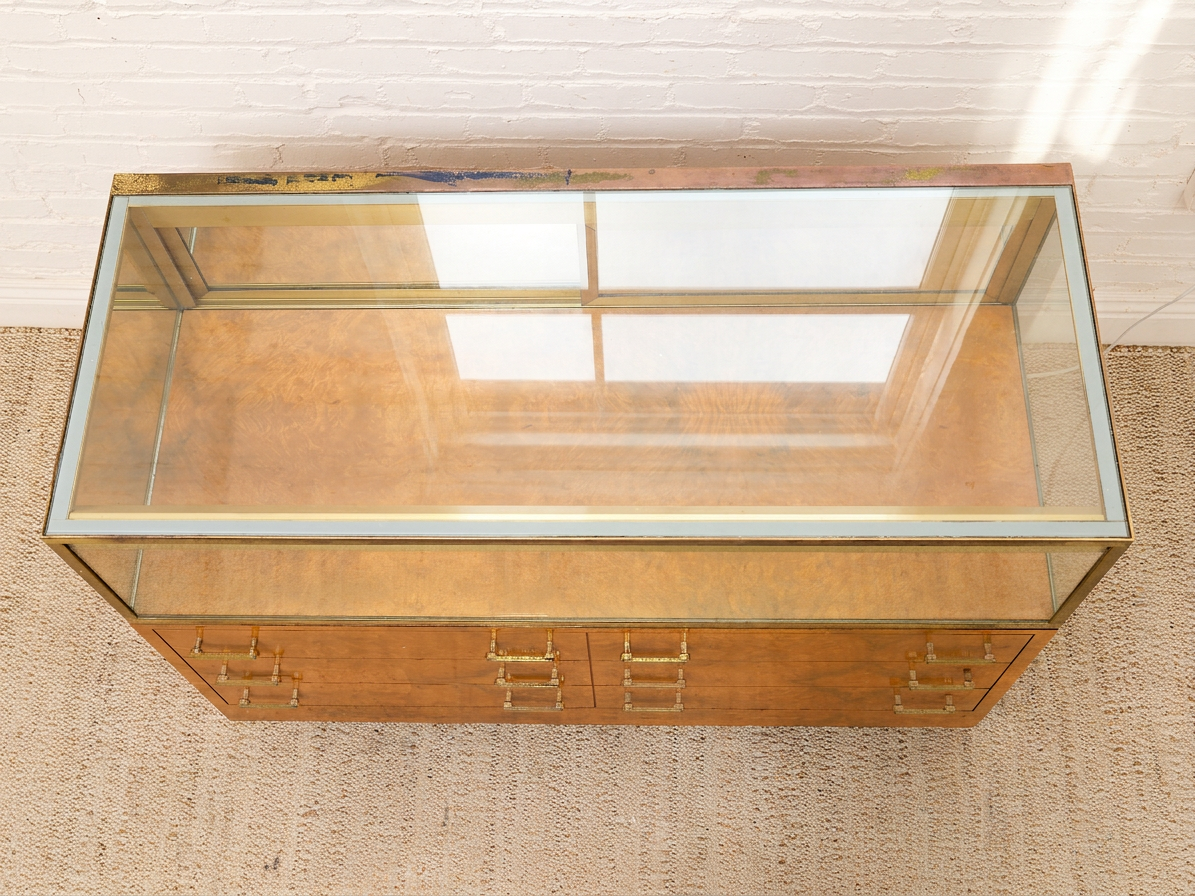 Vintage Burl Wood & Brass Rolling Display Cabinet