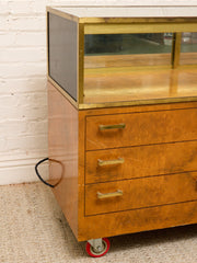 Vintage Burl Wood & Brass Rolling Display Cabinet