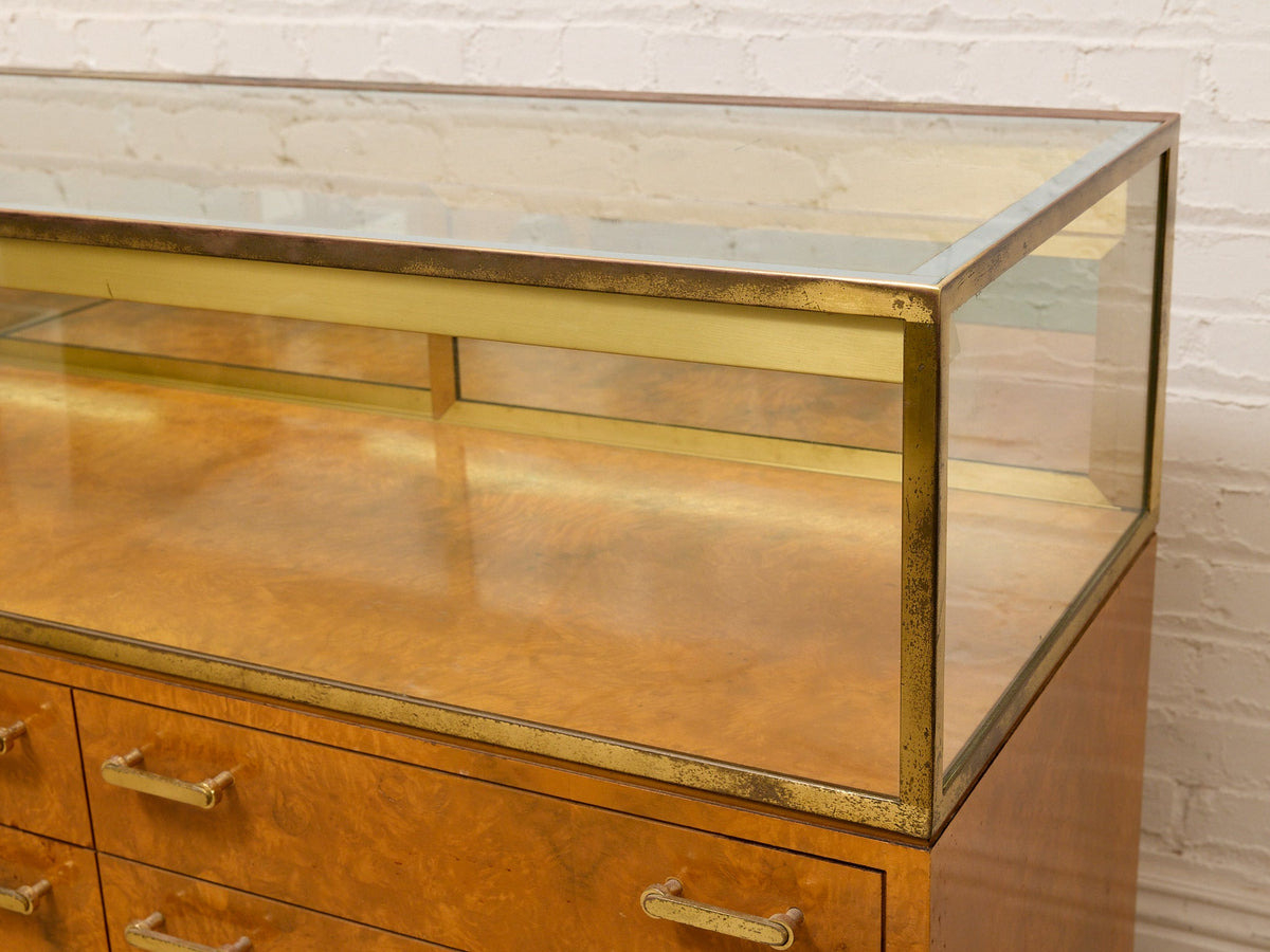 Vintage Burl Wood & Brass Rolling Display Cabinet
