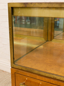 Vintage Burl Wood & Brass Rolling Display Cabinet
