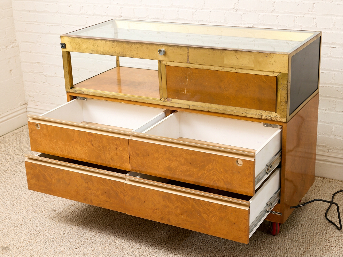 Vintage Burl Wood & Brass Rolling Display Cabinet