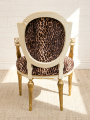 Antique French Louis XVI Style Giltwood Armchair in Leopard Print with Gold and White Trim