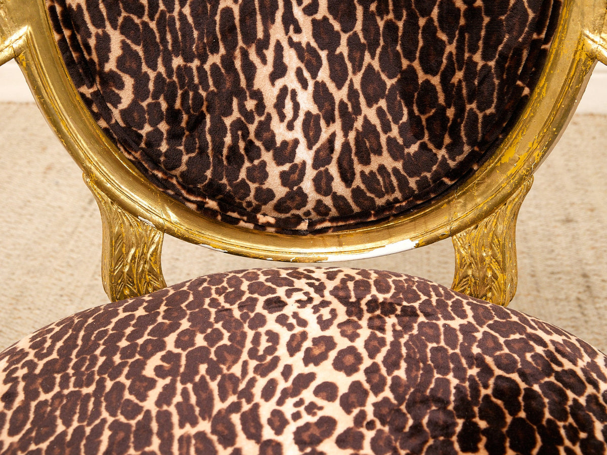 Antique French Louis XVI Style Giltwood Armchair in Leopard Print with Gold Trim
