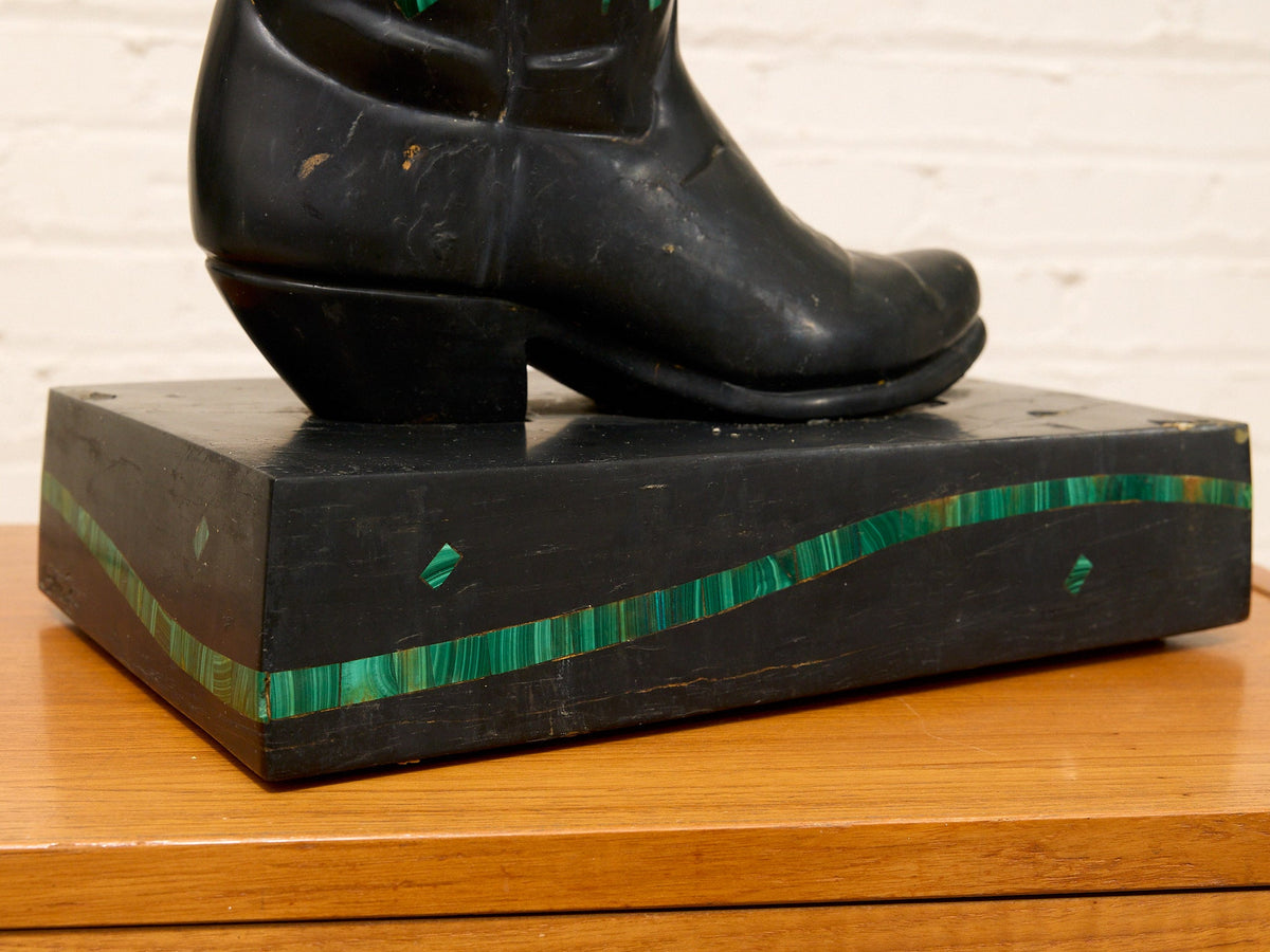 Vintage Cowboy Boot Sculpture with Green Inlay
