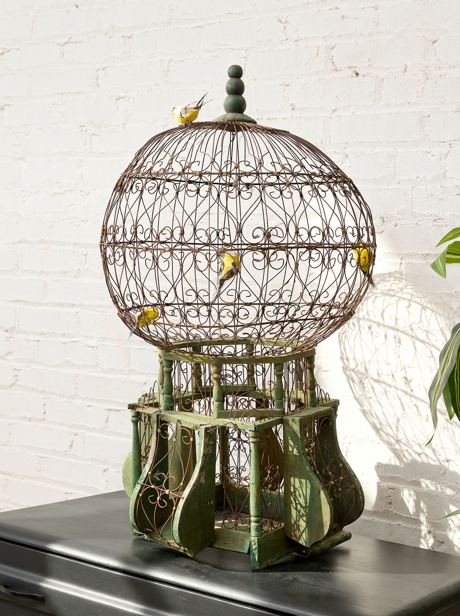 Vintage Decorative Wire Birdcage with Faux Birds