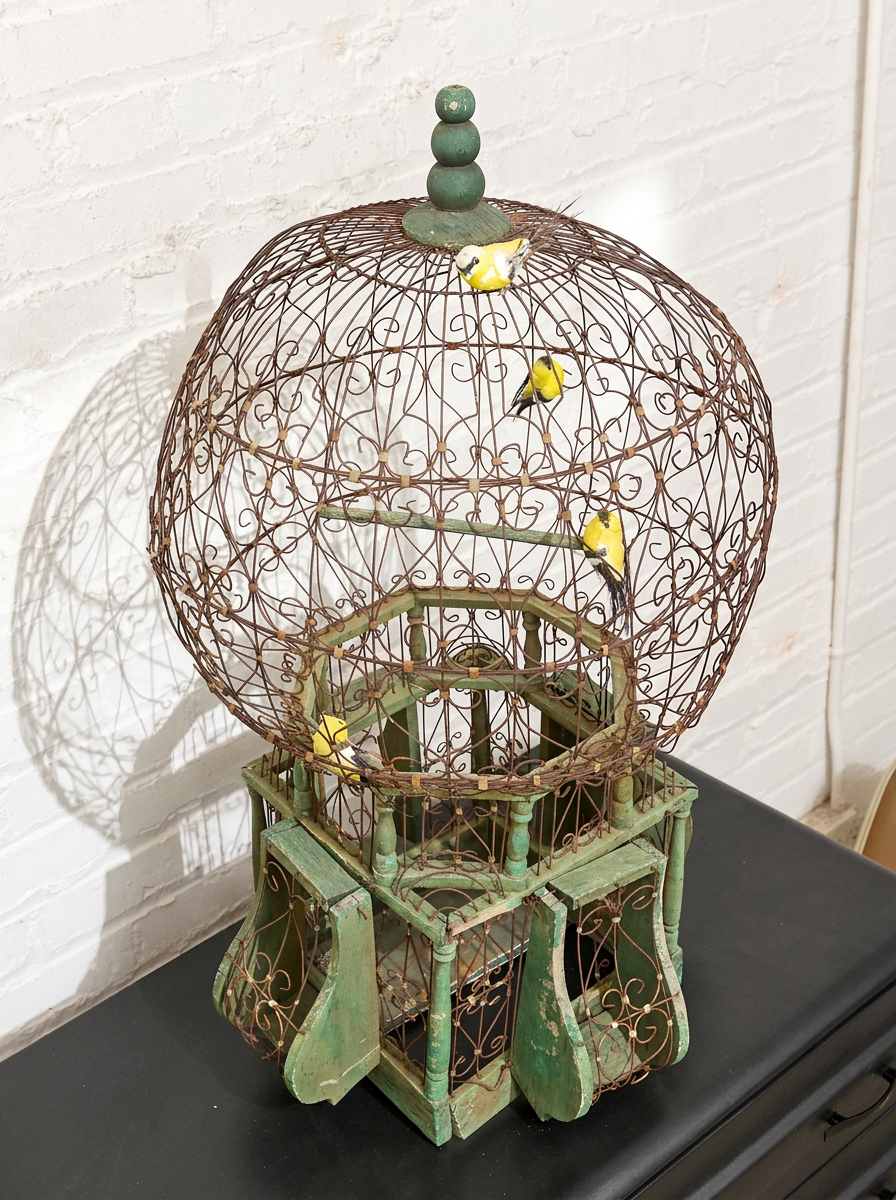 Vintage Decorative Wire Birdcage with Faux Birds