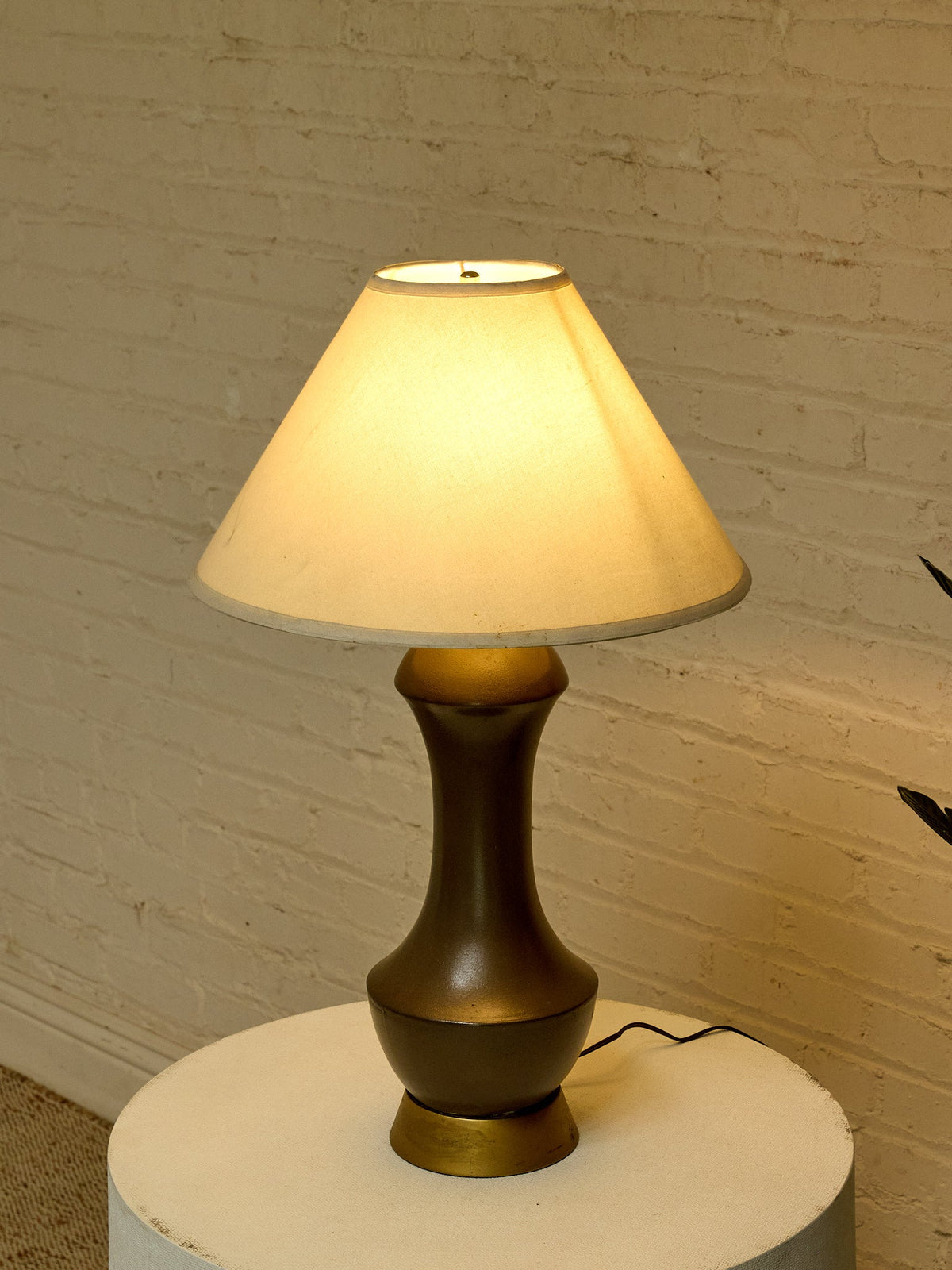 Vintage Sculptural Table Lamp with Brass Base & Linen Shade