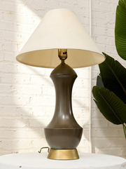 Vintage Sculptural Table Lamp with Brass Base & Linen Shade