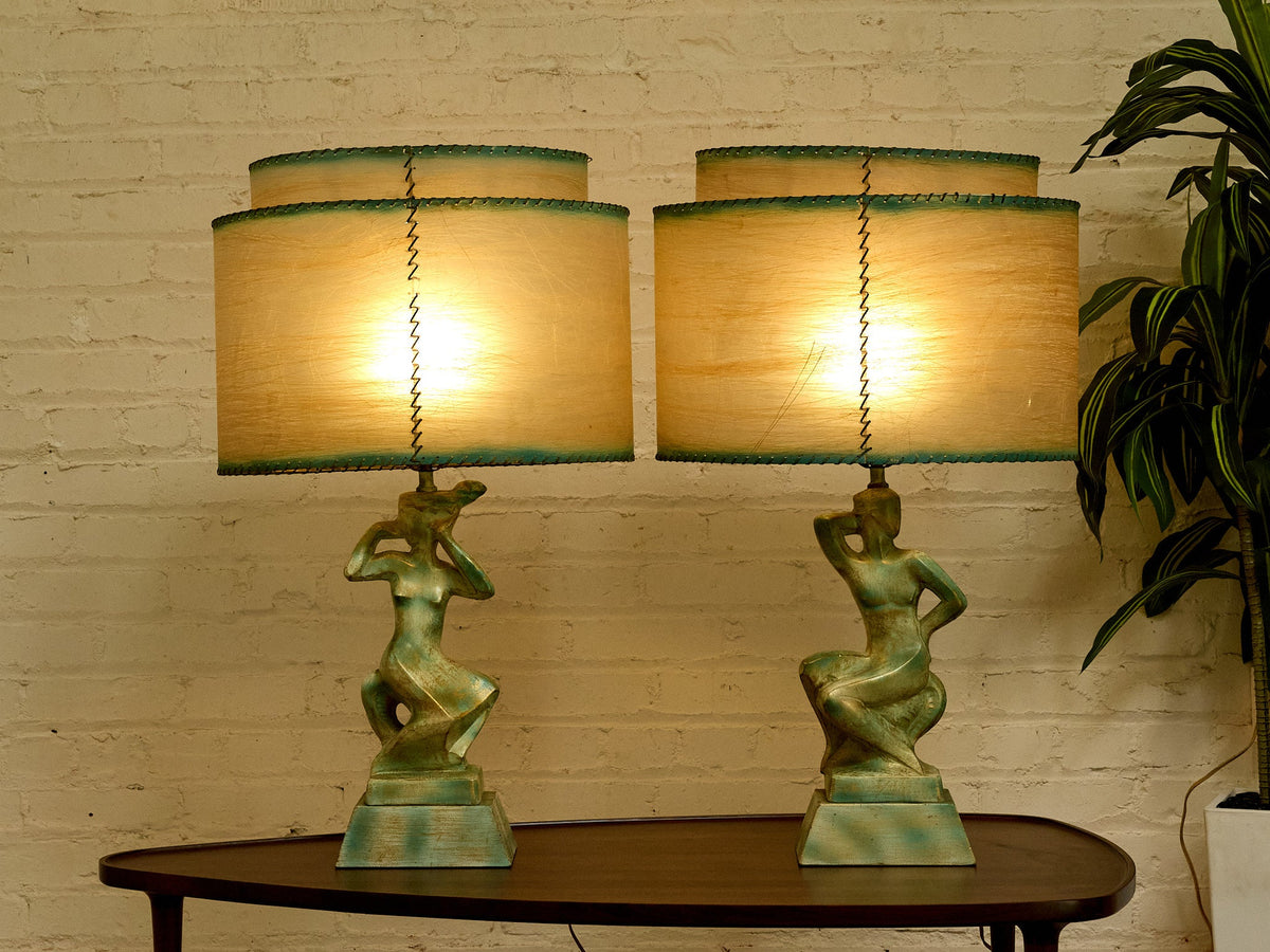 Pair of Vintage Figural Table Lamps with Fiberglass Shades