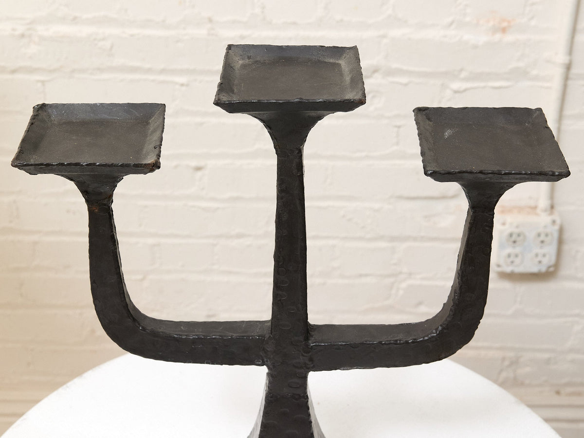 Vintage Brutalist Three-Arm Iron Candelabra