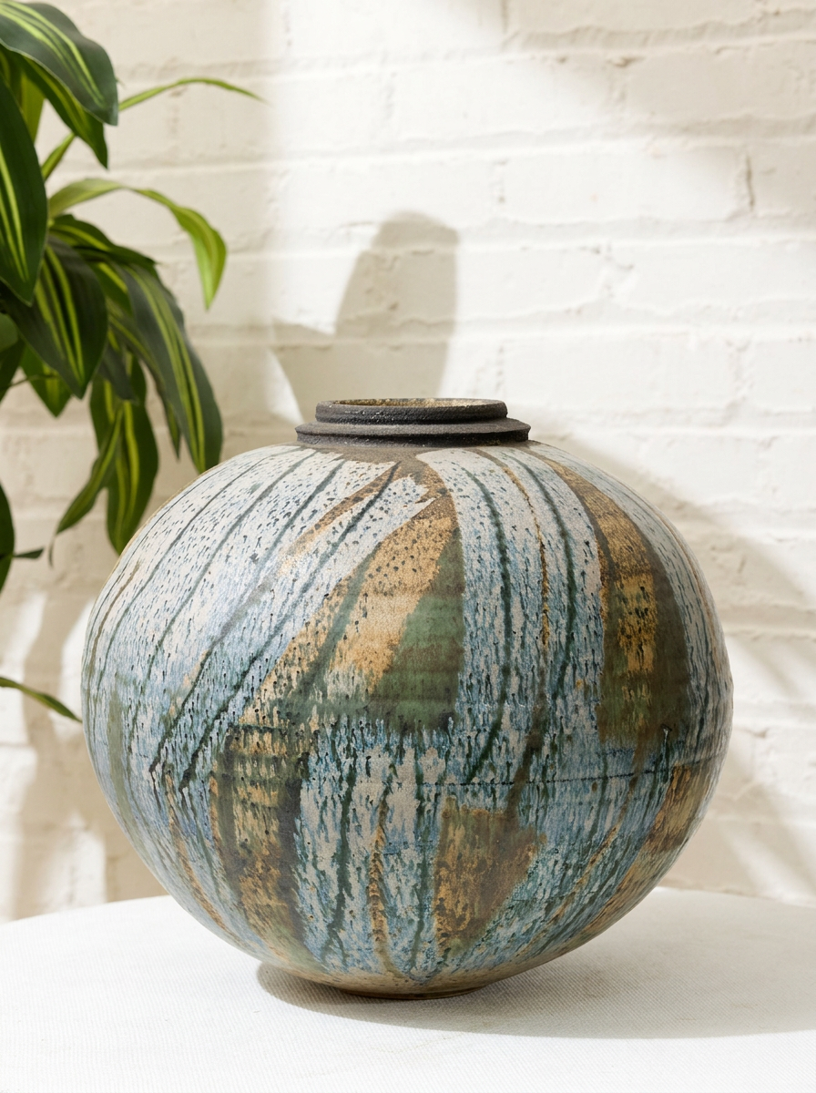 Green & Earth Tone Studio Pottery Vessel Vase