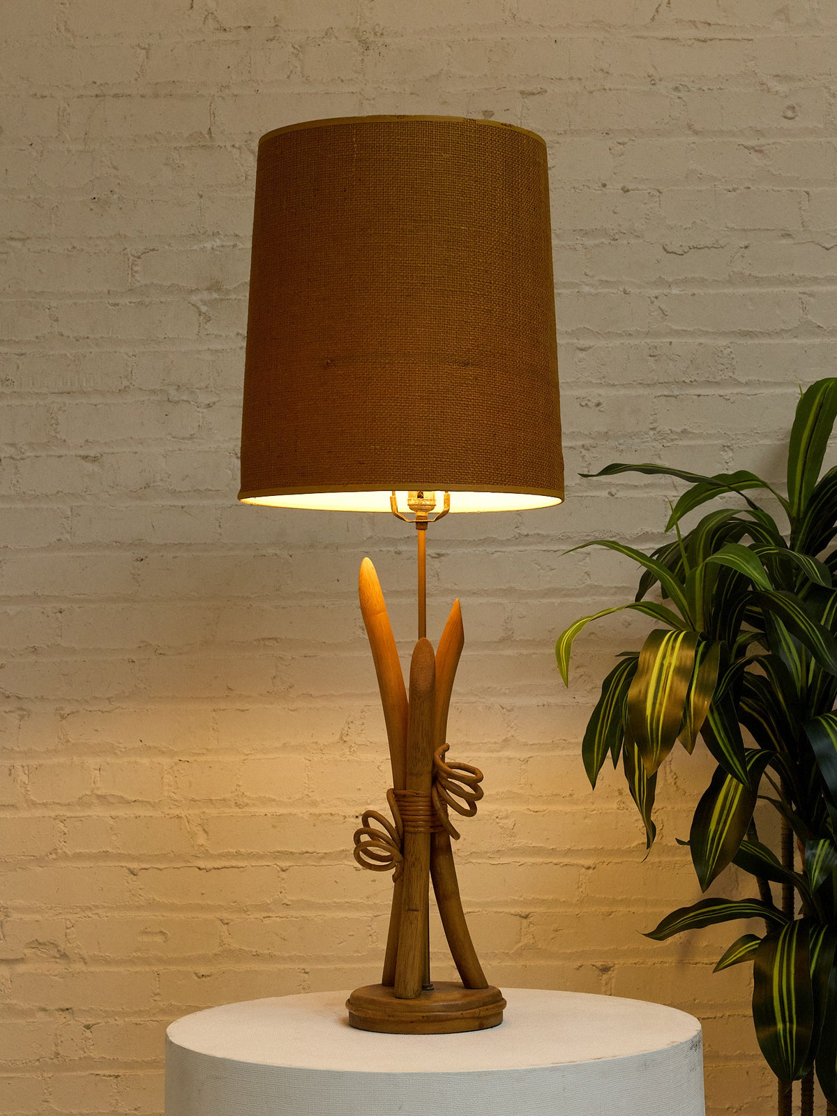 Vintage Sculptural Wood Table Lamp with Woven Shade