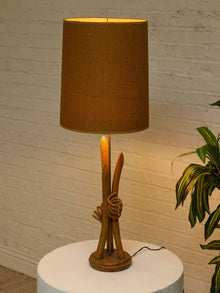 Vintage Sculptural Wood Table Lamp with Woven Shade