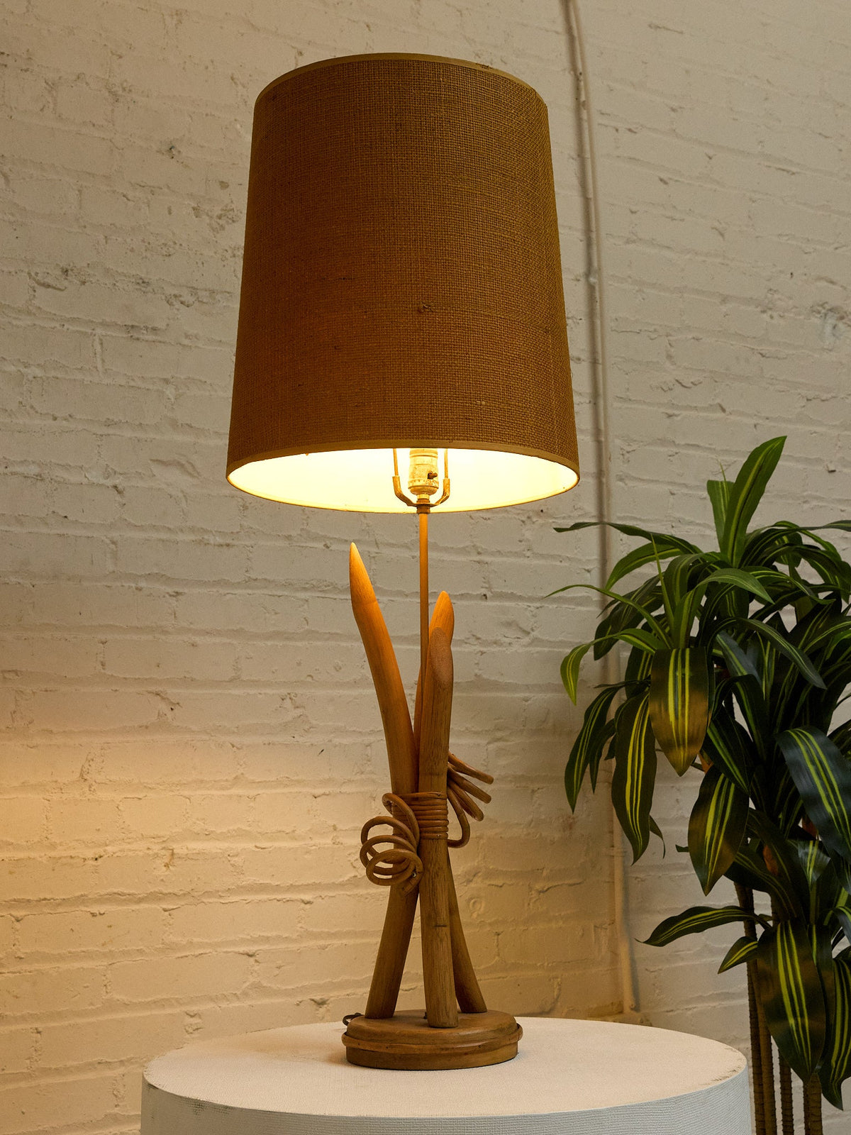 Vintage Sculptural Wood Table Lamp with Woven Shade